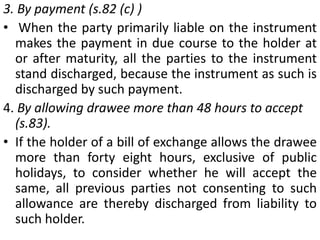 Thus, if the maker's or acceptor's name has been cancelled, the liability of other parties to the instrument, who must have obviously become parties thereto subsequent to the maker or acceptor comes to an end, which in effect discharges or cancels the instrument itself. But if the name of an endorser has been cancelled then all the endorsers subsequent to him will be discharged but those prior to him will remain liable