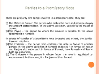 There are primarily two parties involved in a promissory note. They are:
(i) The Maker or Drawer: The person who makes the note and promises to pay
the amount stated therein. In the above specimen, Sanjeev is the maker or
drawer.
(ii)The Payee – the person to whom the amount is payable. In the above
specimen it is Ramesh.
In course of transfer of a promissory note by payee and others, the parties
involved may be –
(a)The Endorser – the person who endorses the note in favour of another
person. In the above specimen if Ramesh endorses it in favour of Ranjan
and Ranjan also endorses it in favour of Puneet, then Ramesh and Ranjan
both are endorsers.
(b) The Endorsee – the person in whose favour the note is negotiated by
endorsement. In the above, it is Ranjan and then Puneet.
 