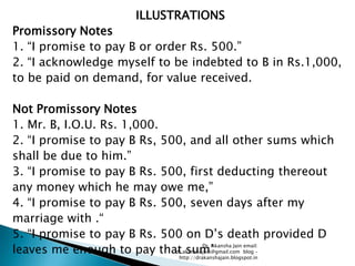 ILLUSTRATIONS
Promissory Notes
1. ―I promise to pay B or order Rs. 500.‖
2. ―I acknowledge myself to be indebted to B in Rs.1,000,
to be paid on demand, for value received.

Not Promissory Notes
1. Mr. B, I.O.U. Rs. 1,000.
2. ―I promise to pay B Rs, 500, and all other sums which
shall be due to him.‖
3. ―I promise to pay B Rs. 500, first deducting thereout
any money which he may owe me,‖
4. ―I promise to pay B Rs. 500, seven days after my
marriage with .―
5. ―I promise to pay B Rs. 500 on D‘s death provided D
leaves me enough to pay that sum‘      Dr. Akansha Jain email:
                             dr.akanshajain@gmail.com blog –
                                http://drakanshajain.blogspot.in
 
