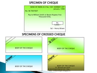 SPECIMEN OF CHEQUE
                BANK OF INDIA A/C No. 1001 BOMBAY 20th
                                          January, 1998
          No. SB 7007007

             Pay to William Smith or Bearer Rupees Five
                           Thousand Only.


                                                 Rs.
                                               5,000/-

                                         Sd/- Henry Brown


       SPECIMENS OF CROSSED CHEQUE



BODY OF THE CHEQUE                                 BODY OF THE CHEQUE




BODY OF THE CHEQUE                                 BODY OF THE CHEQUE
                                                 Dr. Akansha Jain email:
                                      dr.akanshajain@gmail.com blog –
                                       http://drakanshajain.blogspot.in
 
