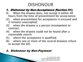 1. Dishonour by Non-Acceptance (Section 91)
(I)     When the drawee does, not accept it within 48
   hours from the time of presentment for accep-tance;
(2) when presentment for acceptance is excused and
   it remains unaccepted;
(3) when the drawee is a person incompetent to
   contract;
(4) when the drawee could not be found after a
   reasonable search.
(5) where the acceptance is qualified;
(6) where one or more of the several drawees refuse
   to accept the bill.

2. Dishonour by Non-Payment

                                     Dr. Akansha Jain email:
                          dr.akanshajain@gmail.com blog –
                           http://drakanshajain.blogspot.in
 