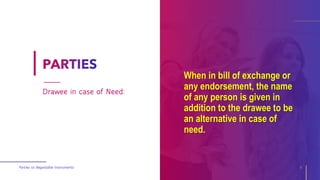 When in bill of exchange or
any endorsement, the name
of any person is given in
addition to the drawee to be
an alternative in case of
need.
Parties to Negotiable Instruments 8
Drawee in case of Need:
 
