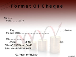 Forma t O f C he que

No.……..
  Date………..2010



     Pay…………………………………………………………or bearer
 the sum of Rs…………………………………

 Rs…………………
    A/c No          LF No       Sd/-
PUNJAB NATIONAL BANK
Subzi Mandi,Delhi -110007

         “5777100” 111013035”
 