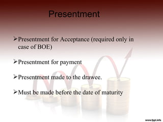 Presentment

Presentment for Acceptance (required only in
 case of BOE)

Presentment for payment

Presentment made to the drawee.

Must be made before the date of maturity
 