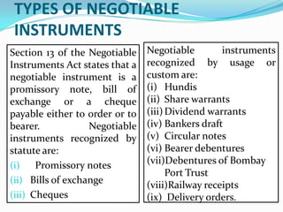 Negotiable Instrument Types Negotiable instruments | PPTX