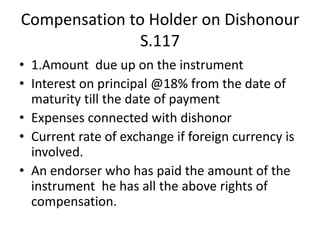 Compensation to Holder on Dishonour
S.117
• 1.Amount due up on the instrument
• Interest on principal @18% from the date of
maturity till the date of payment
• Expenses connected with dishonor
• Current rate of exchange if foreign currency is
involved.
• An endorser who has paid the amount of the
instrument he has all the above rights of
compensation.
 