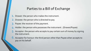 Parties to a Bill of Exchange
1. Drawer: the person who makes the instrument.
2. Drawee: the person who is directed to pay.
3. Payee: the receiver of the payment.
4. Holder: the person who possesses the instrument . (Drawer/Payee)
5. Acceptor: the person who accepts to pay certain sum of money by signing
the instrument.
6. Acceptor for honour: the third person other than Payee when accepts to
pay on his behalf.
 
