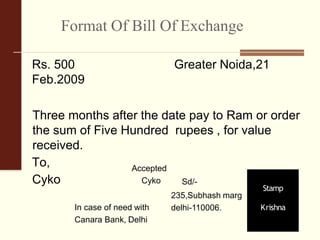 Format Of Bill Of Exchange
Rs. 500 Greater Noida,21
Feb.2009
Three months after the date pay to Ram or order
the sum of Five Hundred rupees , for value
received.
To,
Cyko
235,Subhash marg
delhi-110006.In case of need with
Canara Bank, Delhi
Accepted
Cyko Sd/-
Stamp
Krishna
 
