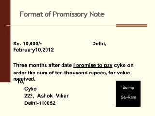Format of Promissory Note
Rs. 10,000/- Delhi,
February10,2012
Three months after date I promise to pay cyko on
order the sum of ten thousand rupees, for value
received.To,
Cyko
222, Ashok Vihar
Delhi-110052
Stamp
Sd/-Ram
 