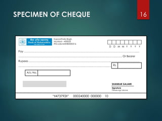 SPECIMEN OF CHEQUE 16
Pay ……………………………………………………………………………………………………………......
……………………………………………………………………………………………………. Or Bearer
Rupees ……………………………………………………………………………………………………………
……………………………………………………………………………………………Rs.
Kapoorthala Bagh,
Mumbai – 400033
IFSCode:MAHB0000316
A/c No.
“ΙΙ473792ΙΙ” 000240000 000000 10
SHANKAR GAJARE
Signature
Please sign above
D D M M Y Y Y Y
 