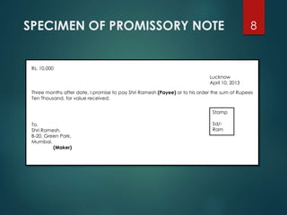 SPECIMEN OF PROMISSORY NOTE 8
Rs. 10,000
Lucknow
April 10, 2013
Three months after date, I promise to pay Shri Ramesh (Payee) or to his order the sum of Rupees
Ten Thousand, for value received.
To,
Shri Ramesh,
B-20, Green Park,
Mumbai.
(Maker)
Stamp
Sd/-
Ram
 