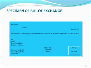 SPECIMEN OF BILL OF EXCHANGE
13
Rs. 10,000
Mumbai
April 10, 2013
Three months after date pay to Ram (Payee) order the sum of Ten Thousand Rupees, for value received.
To,
Sushil
B-20, Green Park,
Lucknow - 226020.
Stamp
Sd/- Ram
In case of need with
Canara Bank, Delhi.
(Drawer)
(Drawer)
Accepted
Sushil
 