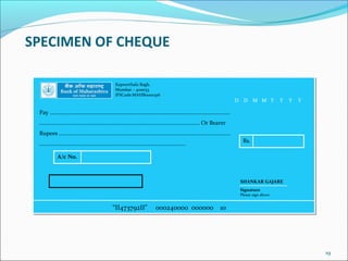 SPECIMEN OF CHEQUE
19
Pay ……………………………………………………………………………………………………………......
……………………………………………………………………………………………………. Or Bearer
Rupees ……………………………………………………………………………………………………………
……………………………………………………………………………………………
Rs.
Kapoorthala Bagh,
Mumbai – 400033
IFSCode:MAHB0000316
A/c No.
“ΙΙ473792ΙΙ” 000240000 000000 10
SHANKAR GAJARE
Signature
Please sign above
D D M M Y Y Y Y
 