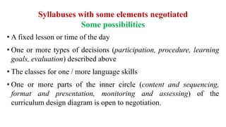 Syllabuses with some elements negotiated
Some possibilities
• A fixed lesson or time of the day
• One or more types of decisions (participation, procedure, learning
goals, evaluation) described above
• The classes for one / more language skills
• One or more parts of the inner circle (content and sequencing,
format and presentation, monitoring and assessing) of the
curriculum design diagram is open to negotiation.
 