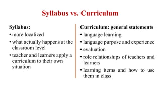 Syllabus vs. Curriculum
Syllabus:
• more localized
• what actually happens at the
classroom level
• teacher and learners apply a
curriculum to their own
situation
Curriculum: general statements
• language learning
• language purpose and experience
• evaluation
• role relationships of teachers and
learners
• learning items and how to use
them in class
 