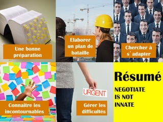 Elaborer
un plan de
bataille
Une bonne
préparation
Résumé
NEGOTIATE
IS NOT
INNATE
Chercher à
s’adapter
Connaitre les
incontournables
Gérer les
difficultés
 