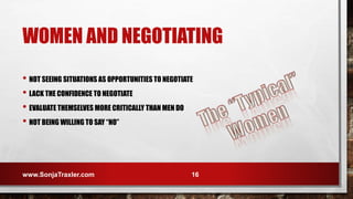 WOMEN AND NEGOTIATING
• NOT SEEING SITUATIONS AS OPPORTUNITIES TO NEGOTIATE
• LACK THE CONFIDENCE TO NEGOTIATE
• EVALUATE THEMSELVES MORE CRITICALLY THAN MEN DO
• NOT BEING WILLING TO SAY “NO”
www.SonjaTraxler.com 16
 