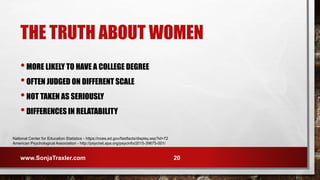 THE TRUTH ABOUT WOMEN
•MORE LIKELY TO HAVE A COLLEGE DEGREE
•OFTEN JUDGED ON DIFFERENT SCALE
•NOT TAKEN AS SERIOUSLY
•DIFFERENCES IN RELATABILITY
National Center for Education Statistics - https://nces.ed.gov/fastfacts/display.asp?id=72
American Psychological Association - http://psycnet.apa.org/psycinfo/2015-39675-001/
www.SonjaTraxler.com 20
 