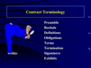 Contract Terminology Preamble Recitals Definitions Obligations Terms Termination Signatures Exhibits 