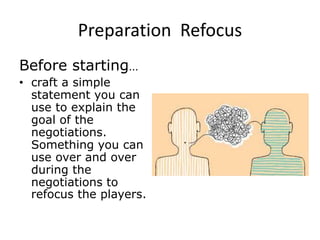 Preparation Refocus
Before starting…
• craft a simple
statement you can
use to explain the
goal of the
negotiations.
Something you can
use over and over
during the
negotiations to
refocus the players.
 