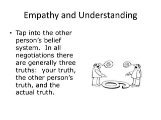 Empathy and Understanding
• Tap into the other
person’s belief
system. In all
negotiations there
are generally three
truths: your truth,
the other person’s
truth, and the
actual truth.
 