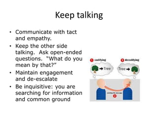 Keep talking
• Communicate with tact
and empathy.
• Keep the other side
talking. Ask open-ended
questions. “What do you
mean by that?”
• Maintain engagement
and de-escalate
• Be inquisitive: you are
searching for information
and common ground
 