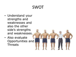 SWOT
• Understand your
strengths and
weaknesses and
also the other
side’s strengths
and weaknesses.
• Also evaluate
Opportunities and
Threats
 