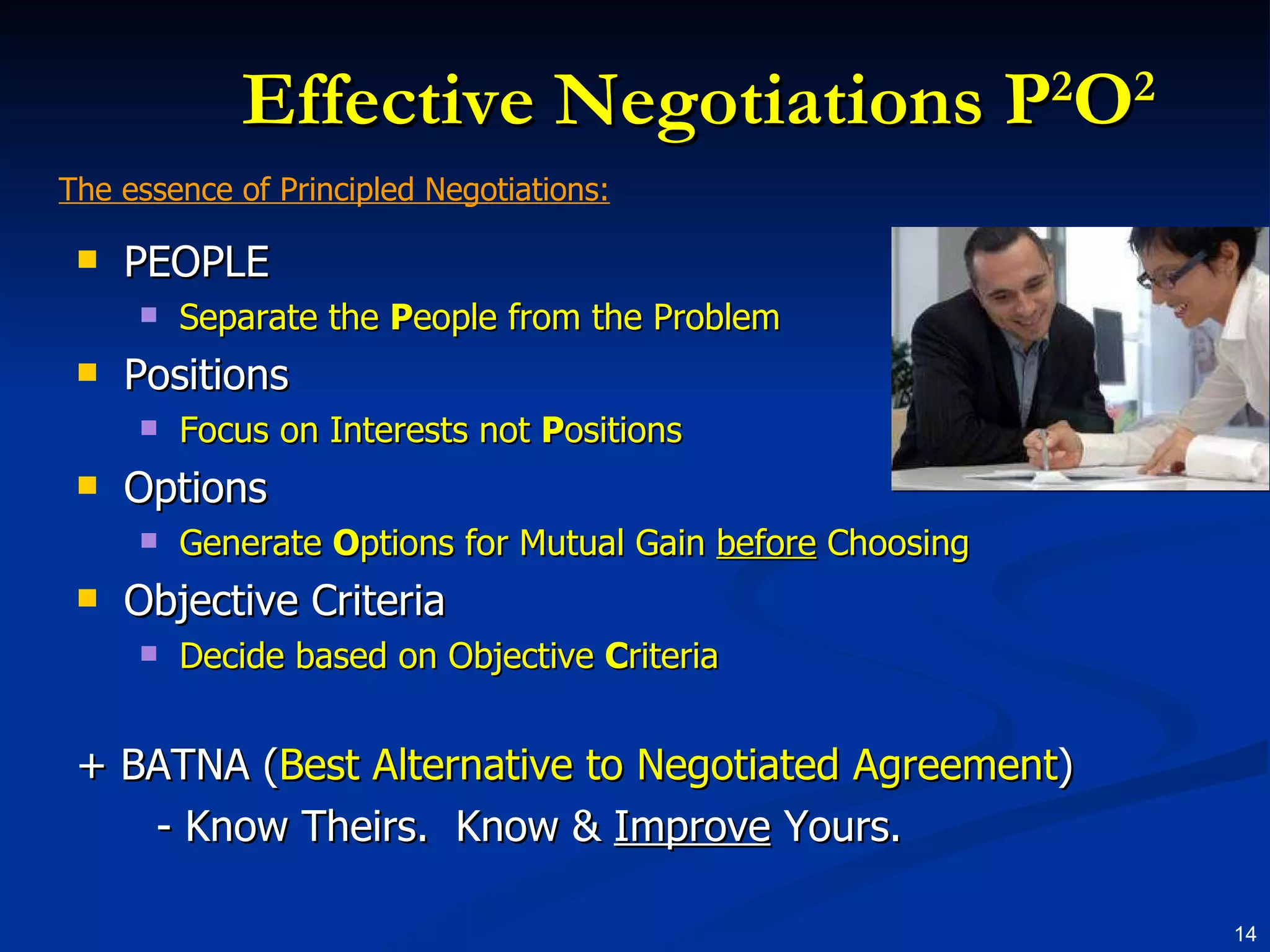Effective Negotiations P 2 O 2 PEOPLE Separate the  P eople from the Problem Positions Focus on Interests not  P ositions Options Generate  O ptions for Mutual Gain  before  Choosing Objective Criteria Decide based on Objective  C riteria + BATNA ( Best Alternative to Negotiated Agreement ) - Know Theirs.  Know &  Improve  Yours. The essence of Principled Negotiations: 