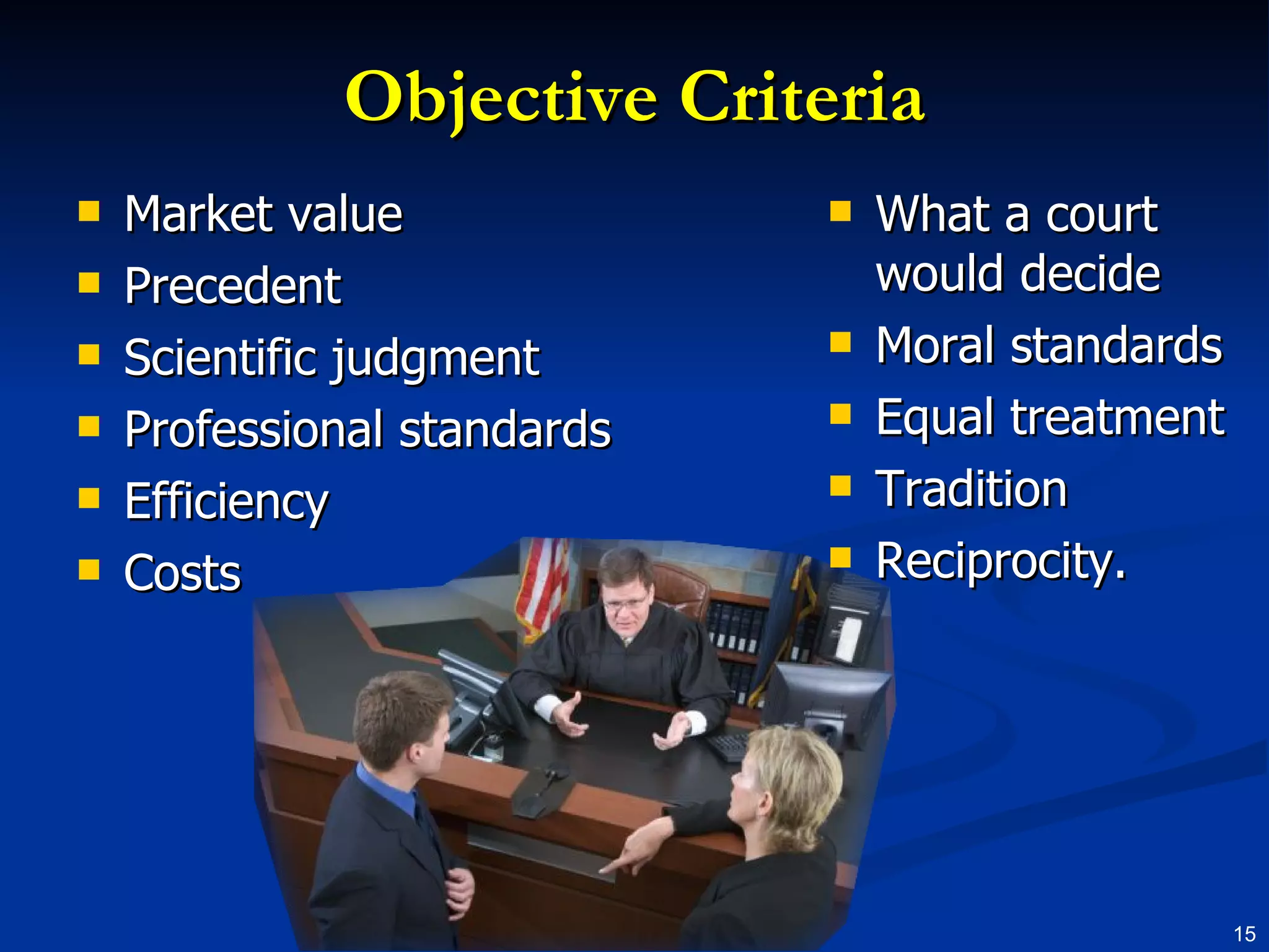 Objective Criteria Market value Precedent Scientific judgment Professional standards Efficiency Costs What a court would decide Moral standards Equal treatment Tradition Reciprocity. 