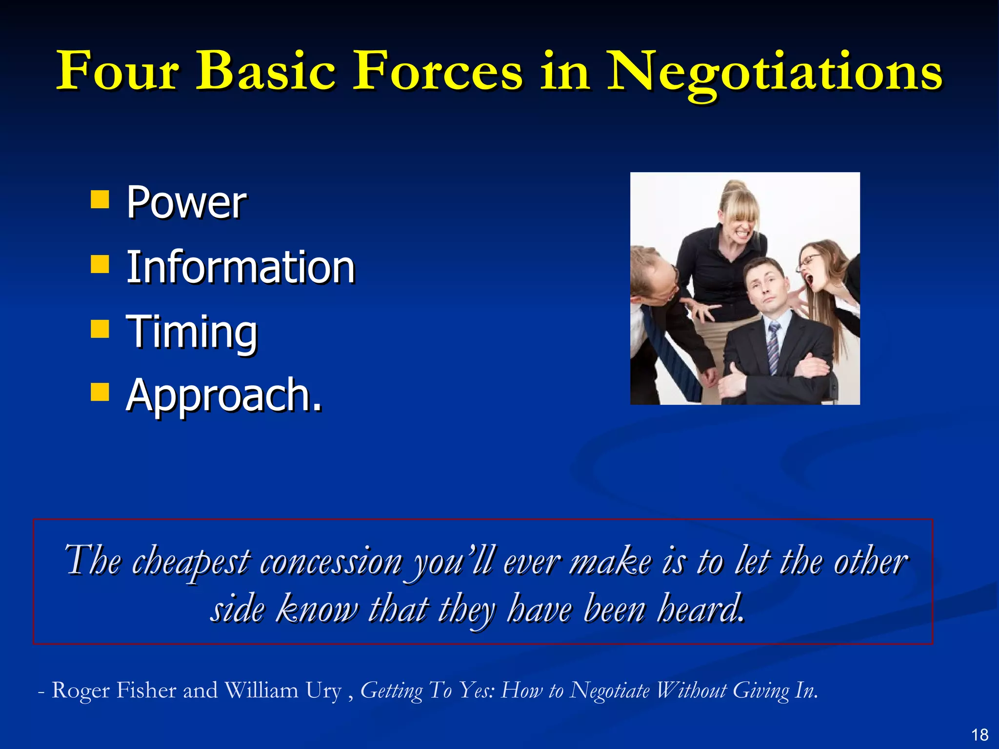 Four Basic Forces in Negotiations Power Information Timing Approach.   The cheapest concession you’ll ever make is to let the other side know that they have been heard.  - Roger Fisher and William Ury ,  Getting To Yes: How to Negotiate Without Giving In . 