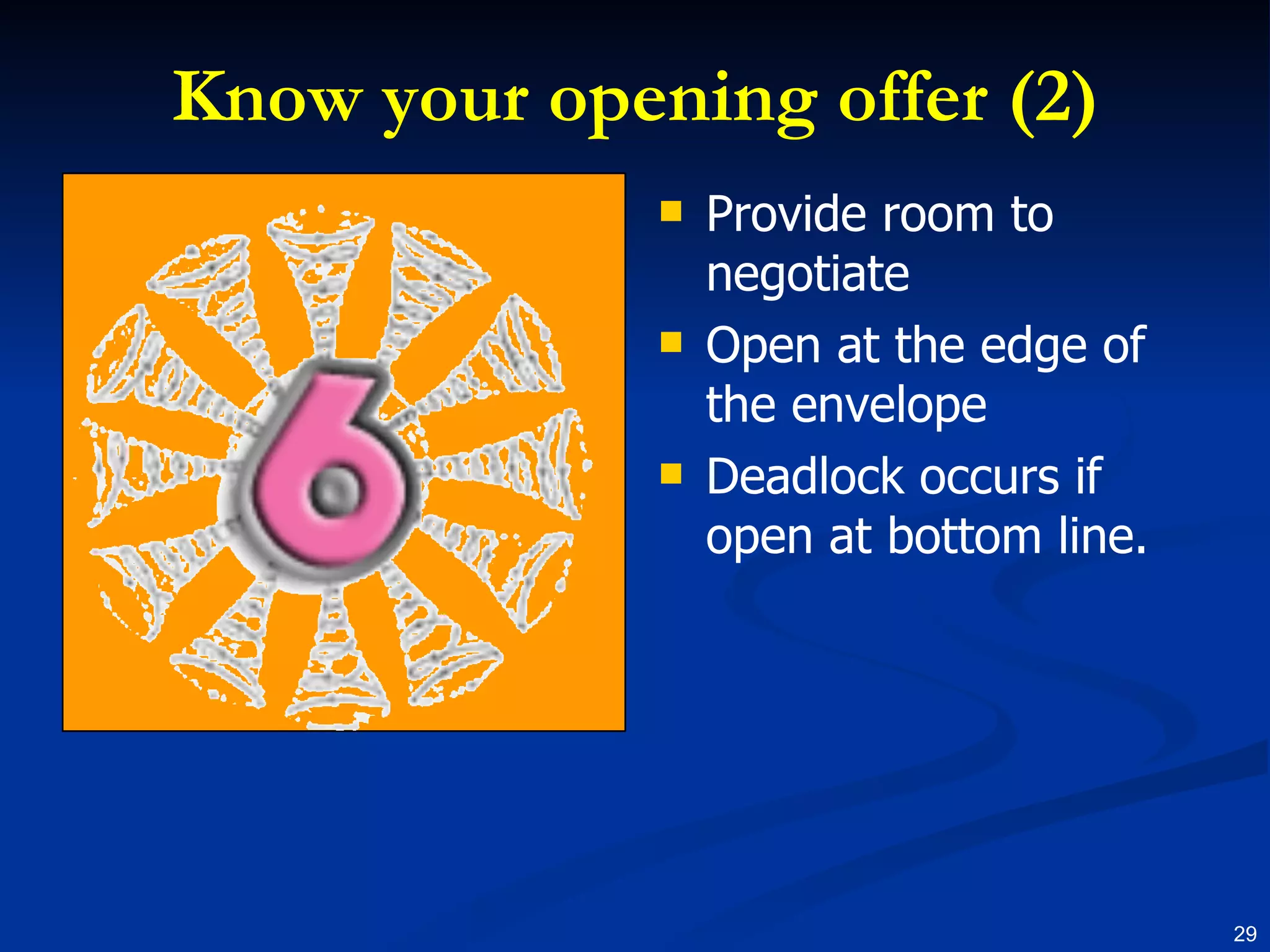 Know your opening offer (2) Provide room to negotiate Open at the edge of the envelope Deadlock occurs if open at bottom line. 