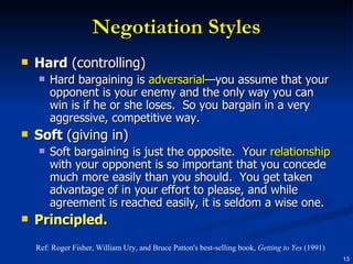 Negotiation Styles Hard  (controlling) Hard bargaining is  adversarial —you assume that your opponent is your enemy and the only way you can win is if he or she loses.  So you bargain in a very aggressive, competitive way. Soft  (giving in) Soft bargaining is just the opposite.  Your  relationship  with your opponent is so important that you concede much more easily than you should.  You get taken advantage of in your effort to please, and while agreement is reached easily, it is seldom a wise one. Principled. Ref: Roger Fisher, William Ury, and Bruce Patton's best-selling book,  Getting to Yes  (1991) 