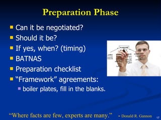 Preparation Phase Can it be negotiated? Should it be? If yes, when? (timing) BATNAS Preparation checklist “ Framework” agreements: boiler plates, fill in the blanks. “ Where facts are few, experts are many.”  -  Donald R. Gannon 