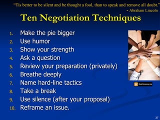 Ten Negotiation Techniques Make the pie bigger Use humor Show your strength  Ask a question Review your preparation (privately) Breathe deeply Name hard-line tactics Take a break Use silence (after your proposal) Reframe an issue. “ Tis better to be silent and be thought a fool, than to speak and remove all doubt.”   -   Abraham Lincoln 