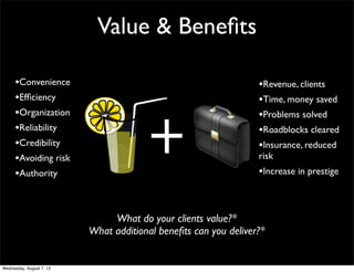 Value & Beneﬁts
•Convenience
•Efﬁciency
•Organization
•Reliability
•Credibility
•Avoiding risk
•Authority
•Revenue, clients
•Time, money saved
•Problems solved
•Roadblocks cleared
•Insurance, reduced
risk
•Increase in prestige
What do your clients value?*
What additional beneﬁts can you deliver?*
Wednesday, August 7, 13
 