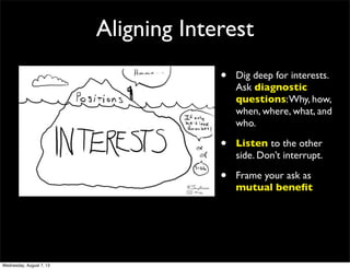 Aligning Interest
• Dig deep for interests.
Ask diagnostic
questions:Why, how,
when, where, what, and
who.
• Listen to the other
side. Don’t interrupt.
• Frame your ask as
mutual beneﬁt
Wednesday, August 7, 13
 