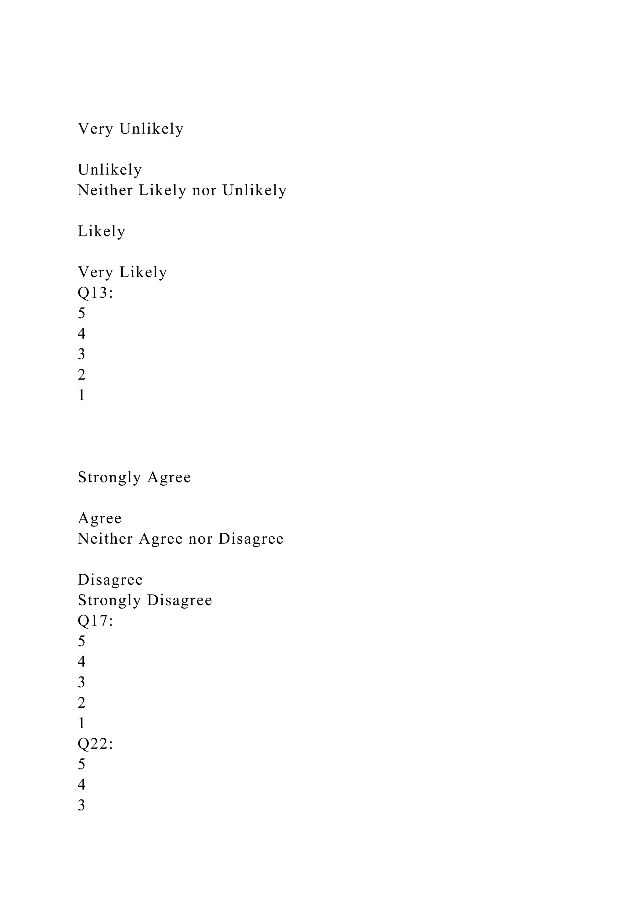Very Unlikely
Unlikely
Neither Likely nor Unlikely
Likely
Very Likely
Q13:
5
4
3
2
1
Strongly Agree
Agree
Neither Agree nor Disagree
Disagree
Strongly Disagree
Q17:
5
4
3
2
1
Q22:
5
4
3
 