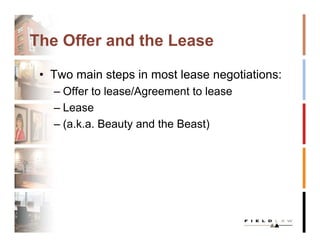 The Offer and the Lease

 • Two main steps in most lease negotiations:
   – Offer to lease/Agreement to lease
   – Lease
   – (a.k.a. Beauty and the Beast)
 
