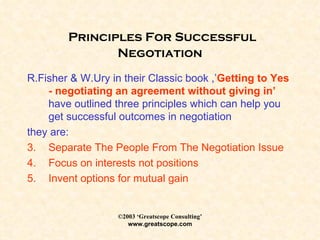 Principles For Successful Negotiation R.Fisher & W.Ury in their Classic book ,’ Getting to Yes - negotiating an agreement without giving in’  have outlined three principles which can help you get successful outcomes in negotiation they are: Separate The People From The Negotiation Issue Focus on interests not positions Invent options for mutual gain 