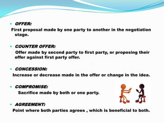  OFFER:
First proposal made by one party to another in the negotiation
stage.
 COUNTER OFFER:
Offer made by second party to first party, or proposing their
offer against first party offer.
 CONCESSION:
Increase or decrease made in the offer or change in the idea.
 COMPROMISE:
Sacrifice made by both or one party.
 AGREEMENT:
Point where both parties agrees , which is beneficial to both.
 