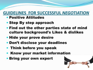 GUIDELINES FOR SUCCESSFUL NEGOTIATION
 Positive Attitudes
 Step By step approach
 Find out the other parties state of mind
culture background's Likes & dislikes
 Hide your prove desire
 Don’t disclose your deadlines
 Think before you speak
 Know your market information
 Bring your own expert
 
