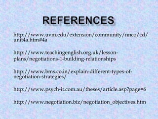 http://www.uvm.edu/extension/community/nnco/cd/
unit4a.htm#4a
http://www.teachingenglish.org.uk/lessonplans/negotiations-1-building-relationships
http://www.bms.co.in/explain-different-types-ofnegotiation-strategies/
http://www.psych-it.com.au/theses/article.asp?page=6
http://www.negotiation.biz/negotiation_objectives.htm

 