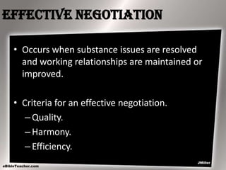 Effective Negotiation
• Occurs when substance issues are resolved
and working relationships are maintained or
improved.
• Criteria for an effective negotiation.
– Quality.
– Harmony.
– Efficiency.

 