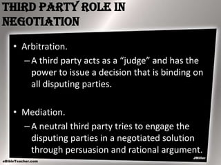 Third Party Role in
Negotiation
• Arbitration.
– A third party acts as a “judge” and has the
power to issue a decision that is binding on
all disputing parties.
• Mediation.
– A neutral third party tries to engage the
disputing parties in a negotiated solution
through persuasion and rational argument.

 