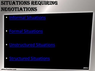 Situations Requiring
Negotiations
• Informal Situations
• Formal Situations
• Unstructured Situations

• Structured Situations

 