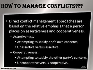 How to manage conflicts???
• Direct conflict management approaches are
based on the relative emphasis that a person
places on assertiveness and cooperativeness.
– Assertiveness.
• Attempting to satisfy one’s own concerns.
• Unassertive versus assertive.
– Cooperativeness.
• Attempting to satisfy the other party’s concern.
• Uncooperative versus cooperative.

 