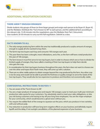 A FOOT IN THE DOOR | 53
ADDITIONAL NEGOTIATION EXERCISES
THERE AREN’T ENOUGH ORANGES!
Divide students into groups of three (or three larger groups) and assign each person to be Buyer #1, Buyer #2,
and the Mediator. Distribute the “Facts Known to All” to each person, and the additional facts according to
the relevant role. 15-20 minutes into the negotiations, give the Mediator their Part 2 document.
Give students 20-30 minutes to carry out the full negotiation. Debrief as a class.
FACTS KNOWN TO ALL
1. The only orange producing farm within the area has traditionally produced a surplus amount of oranges,
enough to supply all who wanted to buy them.
2. The farm’s top two buyers each buy and consume 100 oranges each year.
3. This year there has been a drought, insect infestations, and a fire, so the farm will have a total production
this year of 100 oranges.
4. The farm knows it must first serve its two top buyers, but in order to choose which one or how to divide the
limited supply of oranges, they have called a meeting of their two top buyers to help them decide
who gets the crop.
5. In consideration for their top buyers business throughout the years, the farm does not want to choose one
over the other and hopes that if both meet, they will come up with a solution.
6. There are no other viable options to obtain oranges beyond the crop produced by this farm. Any other crop
is too far away and would not be able to provide the freshness or quality oranges to serve the needs of the
two top buyers. They would also be too expensive to produce and therefore not economically viable.
CONFIDENTIAL INSTRUCTIONS TO BUYER # 1
1. You are aware of the“Facts Known to All”.
2. You are a major producer of orange juice and require 100 oranges a year to meet your multi-year minimum
production sales quota for your customers. You absolutely need to meet your sales obligations, or else
you risk losing customers and having to lay off your long time employees. You are the major employer
for your community, which would become a ghost town without you.
3. You require the edible flesh of the orange to squeeze out the juice, which you produce in two varieties,
with and without pulp.
4. Any reduction in production will have long term negative effects on your business and definitely require
layoffs and the delay, if not outright cancellation, of the planned expansion of your business.
MODULE 2
S T U D E N T H A N D O U T
Downloaded by Tony Pham (ttoan1964@gmail.com)
lOMoARcPSD|18089904
 