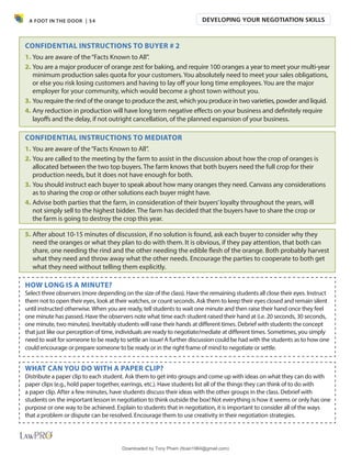 A FOOT IN THE DOOR | 54
CONFIDENTIAL INSTRUCTIONS TO BUYER # 2
1. You are aware of the“Facts Known to All”.
2. You are a major producer of orange zest for baking, and require 100 oranges a year to meet your multi-year
minimum production sales quota for your customers. You absolutely need to meet your sales obligations,
or else you risk losing customers and having to lay off your long time employees. You are the major
employer for your community, which would become a ghost town without you.
3. You require the rind of the orange to produce the zest, which you produce in two varieties, powder and liquid.
4. Any reduction in production will have long term negative effects on your business and definitely require
layoffs and the delay, if not outright cancellation, of the planned expansion of your business.
CONFIDENTIAL INSTRUCTIONS TO MEDIATOR
1. You are aware of the“Facts Known to All”.
2. You are called to the meeting by the farm to assist in the discussion about how the crop of oranges is
allocated between the two top buyers. The farm knows that both buyers need the full crop for their
production needs, but it does not have enough for both.
3. You should instruct each buyer to speak about how many oranges they need. Canvass any considerations
as to sharing the crop or other solutions each buyer might have.
4. Advise both parties that the farm, in consideration of their buyers’loyalty throughout the years, will
not simply sell to the highest bidder. The farm has decided that the buyers have to share the crop or
the farm is going to destroy the crop this year.
5. After about 10-15 minutes of discussion, if no solution is found, ask each buyer to consider why they
need the oranges or what they plan to do with them. It is obvious, if they pay attention, that both can
share, one needing the rind and the other needing the edible flesh of the orange. Both probably harvest
what they need and throw away what the other needs. Encourage the parties to cooperate to both get
what they need without telling them explicitly.
HOW LONg IS A MINUTE?
Select three observers (more depending on the size of the class). Have the remaining students all close their eyes. Instruct
them not to open their eyes, look at their watches, or count seconds. Ask them to keep their eyes closed and remain silent
until instructed otherwise. When you are ready, tell students to wait one minute and then raise their hand once they feel
one minute has passed. Have the observers note what time each student raised their hand at (i.e. 20 seconds, 30 seconds,
one minute, two minutes). Inevitably students will raise their hands at different times. Debrief with students the concept
that just like our perception of time, individuals are ready to negotiate/mediate at different times. Sometimes, you simply
need to wait for someone to be ready to settle an issue! A further discussion could be had with the students as to how one
could encourage or prepare someone to be ready or in the right frame of mind to negotiate or settle.
WHAT CAN YOU DO WITH A PAPER CLIP?
Distribute a paper clip to each student. Ask them to get into groups and come up with ideas on what they can do with
paper clips (e.g., hold paper together, earrings, etc.). Have students list all of the things they can think of to do with
a paper clip. After a few minutes, have students discuss their ideas with the other groups in the class. Debrief with
students on the important lesson in negotiation to think outside the box! Not everything is how it seems or only has one
purpose or one way to be achieved. Explain to students that in negotiation, it is important to consider all of the ways
that a problem or dispute can be resolved. Encourage them to use creativity in their negotiation strategies.
DEVELOPING YOUR NEGOTIATION SKILLS
Downloaded by Tony Pham (ttoan1964@gmail.com)
lOMoARcPSD|18089904
 