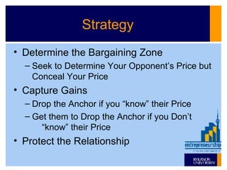Strategy Determine the Bargaining Zone Seek to Determine Your Opponent’s Price but Conceal Your Price Capture Gains Drop the Anchor if you “know” their Price Get them to Drop the Anchor if you Don’t  “know” their Price Protect the Relationship 