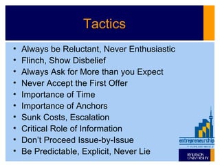 Tactics Always be Reluctant, Never Enthusiastic Flinch, Show Disbelief Always Ask for More than you Expect Never Accept the First Offer Importance of Time Importance of Anchors Sunk Costs, Escalation Critical Role of Information Don’t Proceed Issue-by-Issue Be Predictable, Explicit, Never Lie 